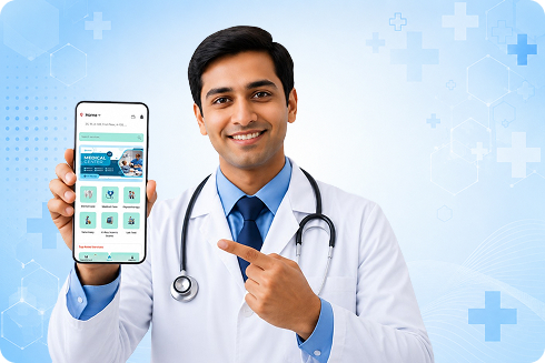 Doctor holding Medant app on smartphone