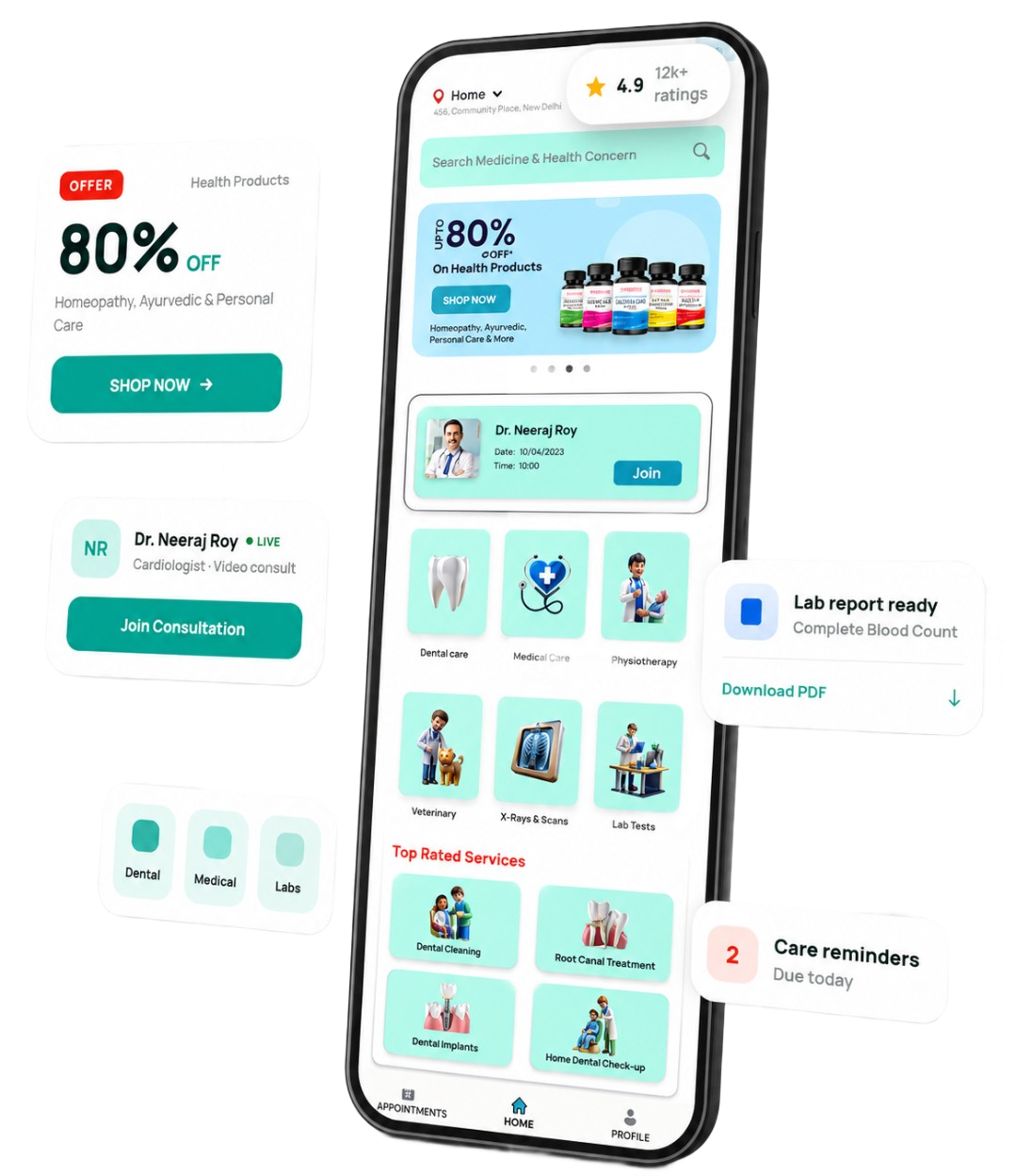Medant app with doctors, reports and pharmacy services